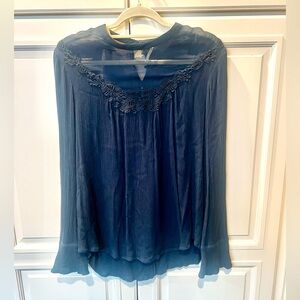 Free People Dark Blue Blouse with Floral Detail